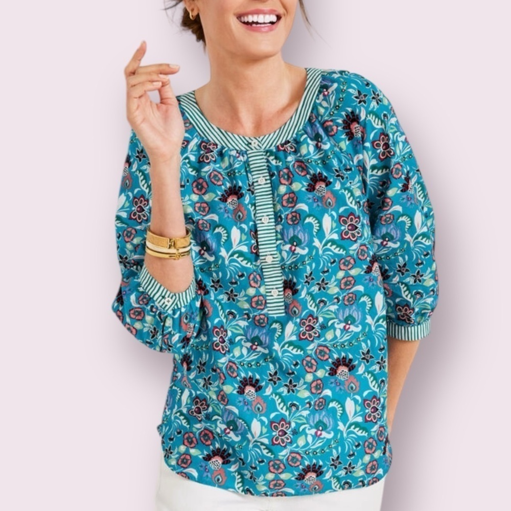 Talbots Blue Floral Popover Blouse 3/4 Sleeve Band Collar Petite S